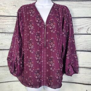 Maurices Plum Floral Zip Front Blouse XXL Balloon Sleeve Boho Top